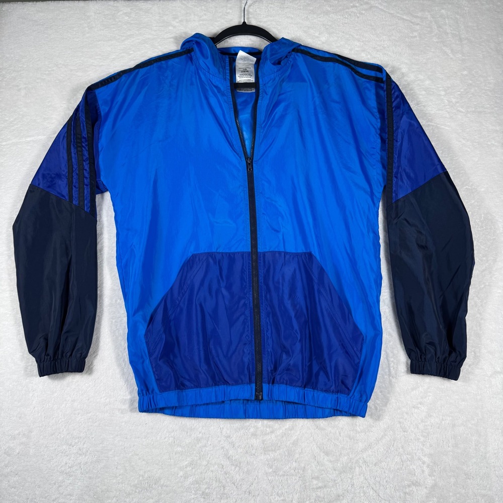 Adidas Kids Youth Blue Colorblock Windbreaker Jacket Full Zip Hooded L 14/16